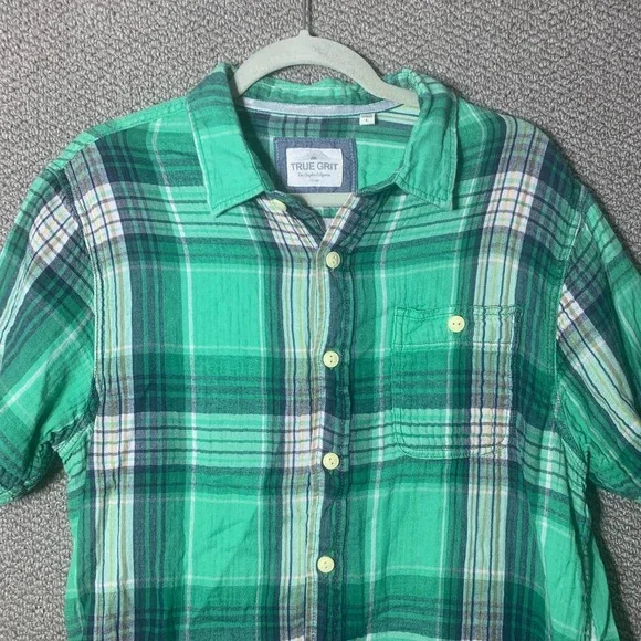True Grit Mens Shirt Large Blue Green Plaid Button Up Short Sleeve Pocket Skater